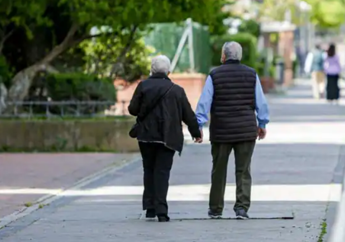 Una pareja de ancianos en un parque de Madrid