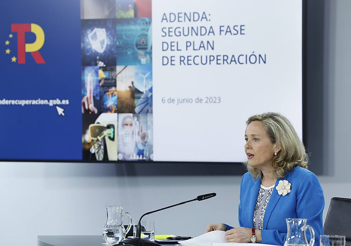 La exvicepresidenta económica del Gobierno en la presentación de la adenda a los fondos