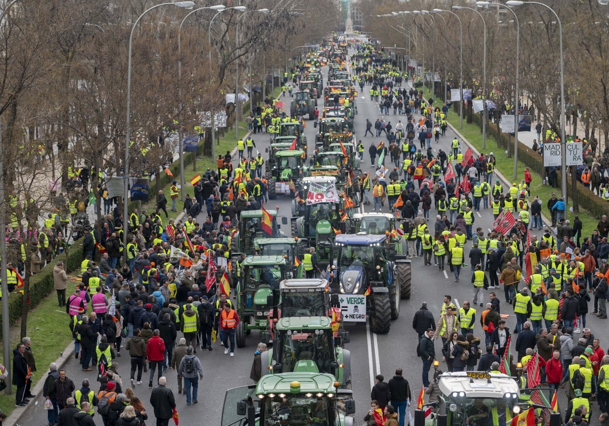 La manifestación de agricultores y tractores en el Paseo de la Castellana, Madrid