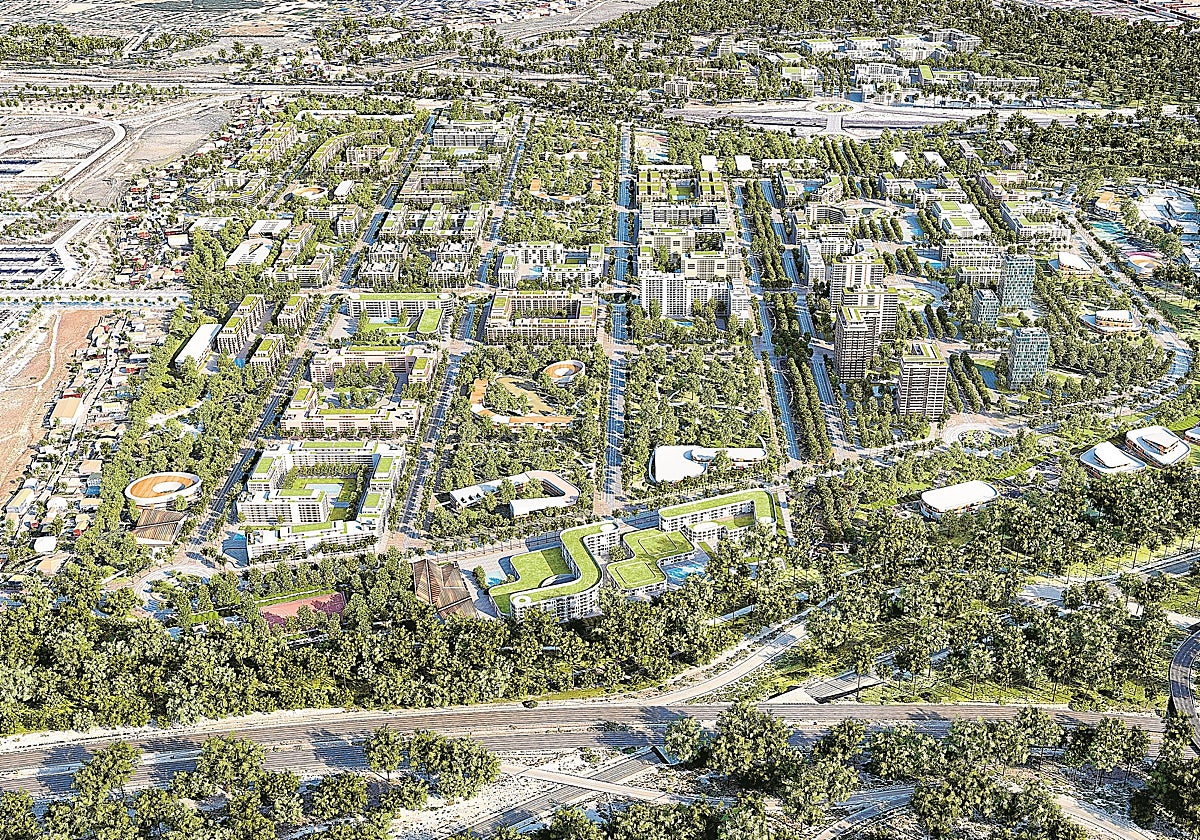 Vista aérea del desarrollo urbanístico previsto en Los Cerros, al sureste de Madrid