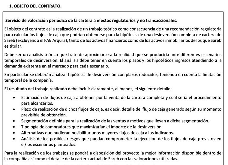 Extracto de la memoria del contrato que adjudicará la Sareb