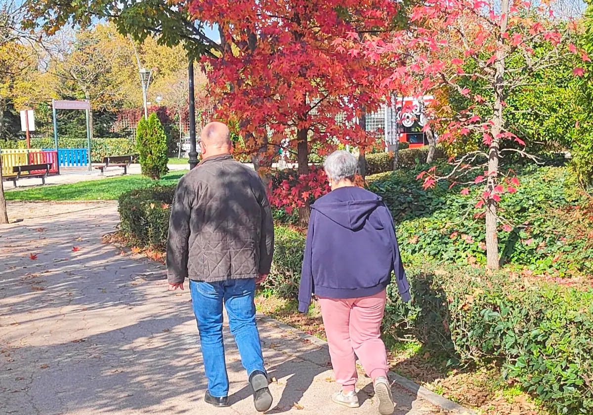 Dos personas pasean por un parque en Madrid