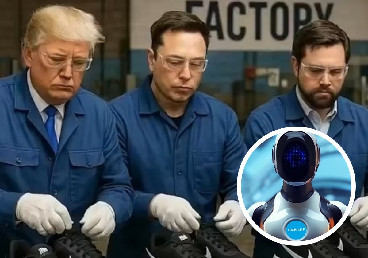 La respuesta en imágenes de China, desde Donald Trump, su vicepresidente J. D. Vance y Elon Musk trabajando en una fábrica de zapatillas estadounidenses y el robot T.A.R.I.F.F.