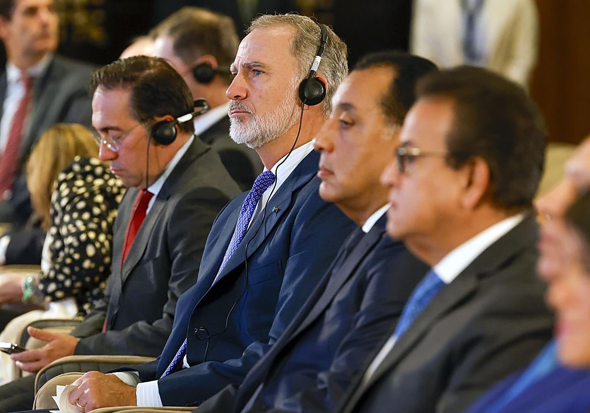El rey Felipe VI (C) mantiene un desayuno de trabajo con empresarios egipcios y españoles este jueves en El Cairo,
