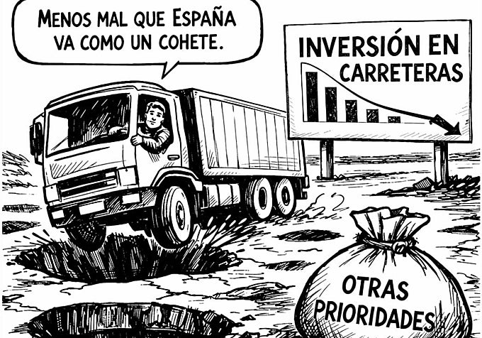 Con esta viñeta, la Confederación Española de Transporte por Carretera (CETM) sintetiza la inversión en el mantenimiento actual de las carreteras.