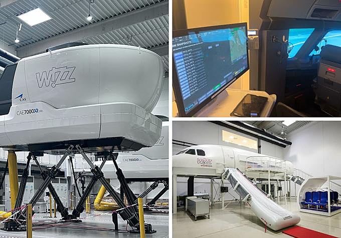 Simulador de vuelo, ruta de vuelo configurada y fuselaje de un avión de Wizz Air del centro de entrenamiento (de izquierda a derecha)