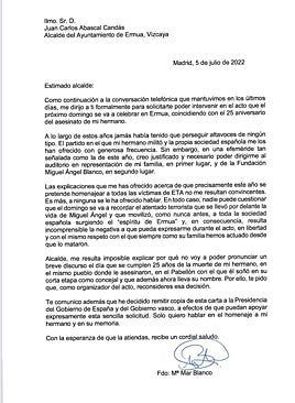 Imagen - Carta remitida por Mari Mar Blanco al Ayuntamiento de Ermua
