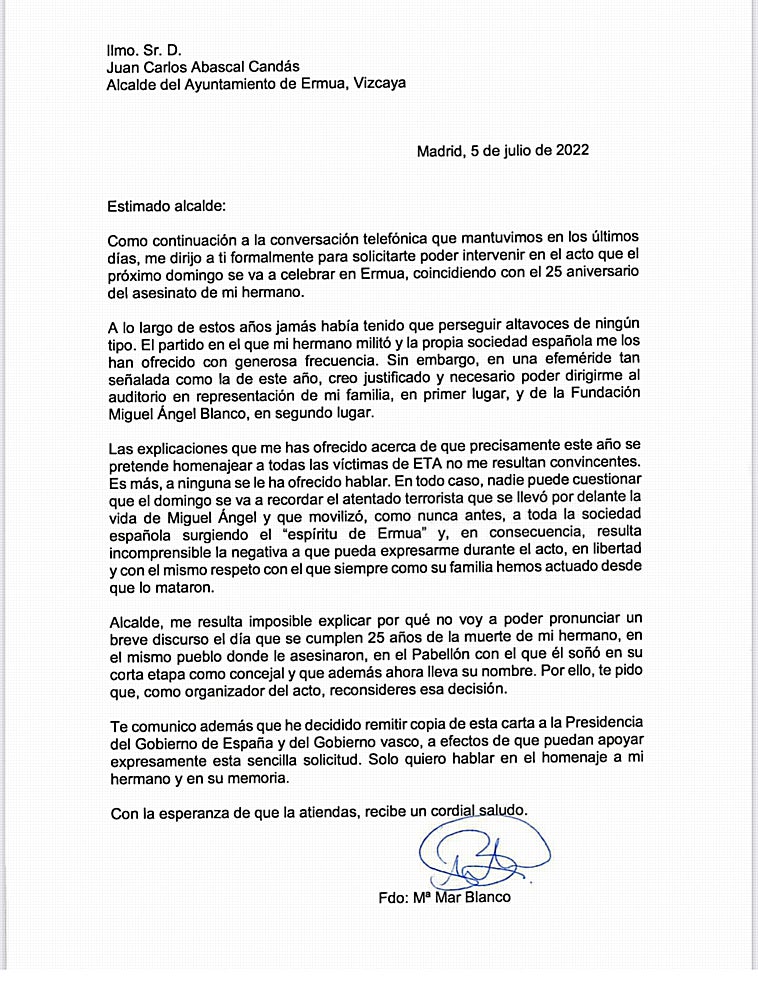 Imagen - Carta remitida por Mari Mar Blanco al Ayuntamiento de Ermua