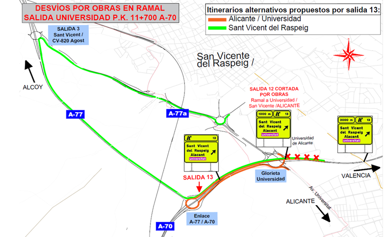 Cierra al menos dos meses por obras el ramal de salida hacia la UA sentido Murcia de la autovía A-70