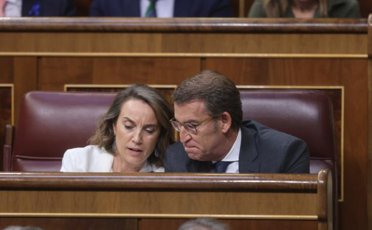 La secretaria general del PP, Cuca Gamarra, y el presidente del PP, Alberto Núñez Feijóo, durante el debate sobre el estado de la nación