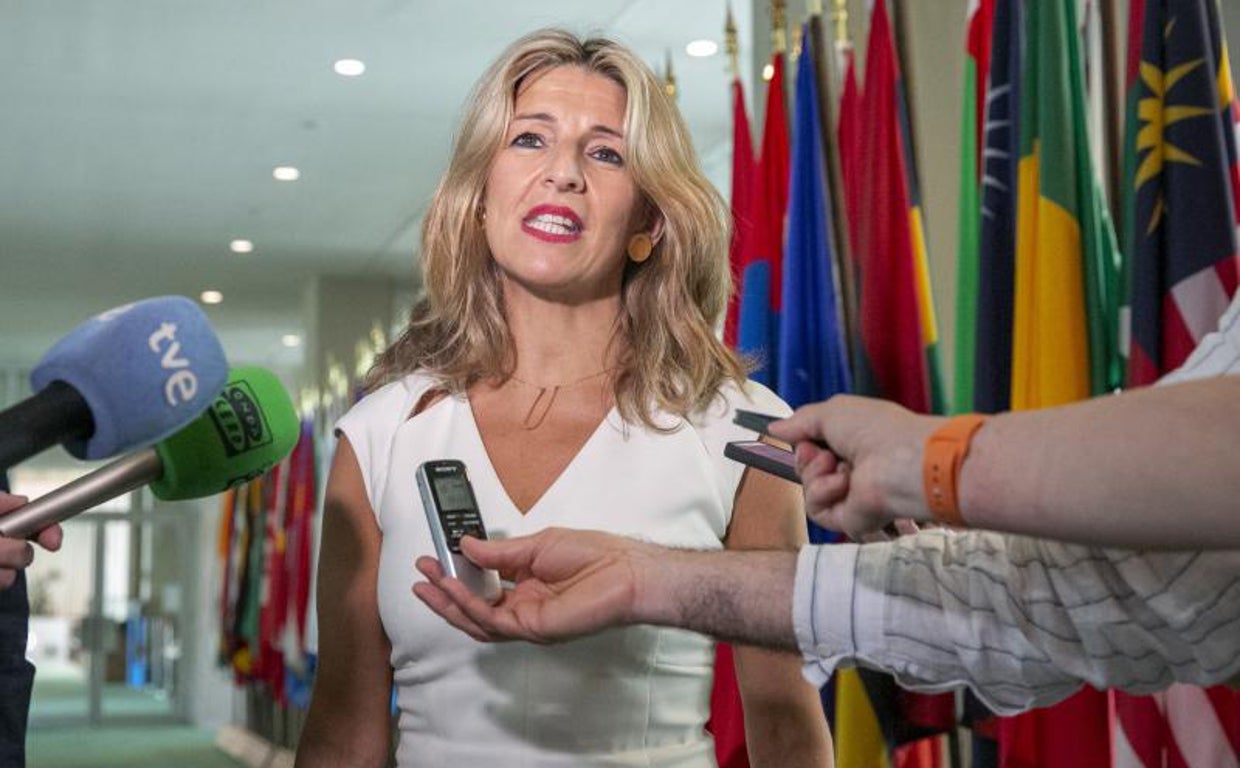 La vicepresidenta segunnda y ministra de Trabajo, Yolanda Díaz, en una rueda de prensa en la sede de la ONU