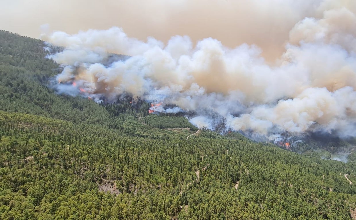 Vista del incendio en sus primeros días desde  helicóptero