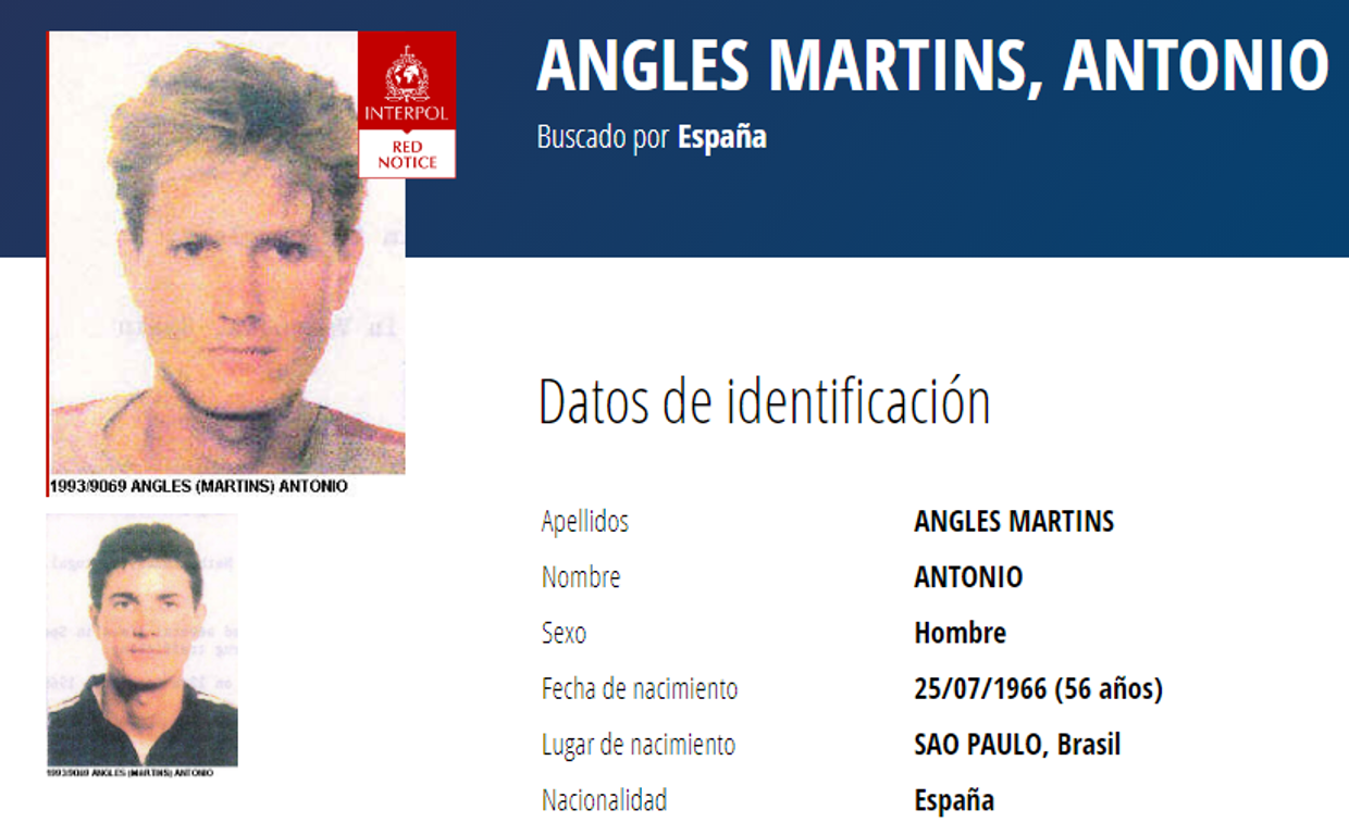 Ficha policial de Antonio Anglés en la base de datos de la Interpol