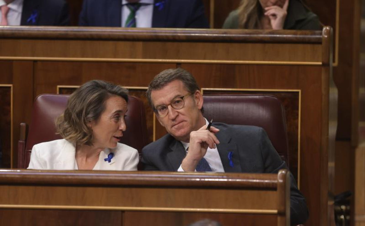 La secretaria general del PP, Cuca Gamarra, junto al presidente del partido, Alberto Núñez Feijóo, en el Congreso