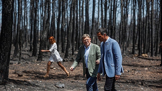 Imagen del presidente del Gobierno, Pedro Sánchez, este lunes en una zona afectada por el incendio de Bejís (Castellón)