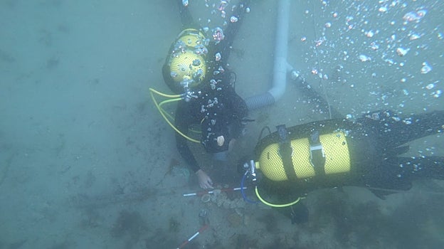 Dos buceadores, limpiando la zona del hallazgo