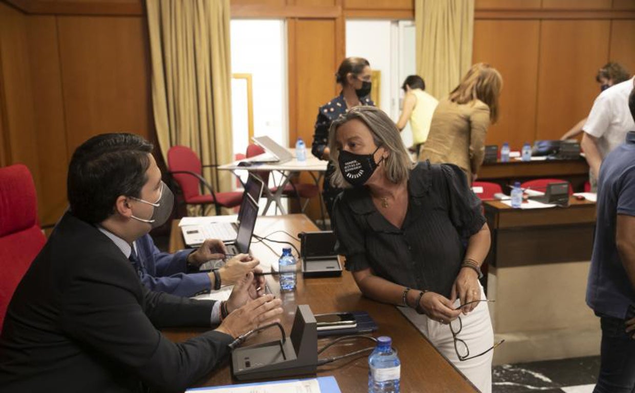 Bellido y Albás conversan durante un Pleno en el Ayuntamiento de Córdoba