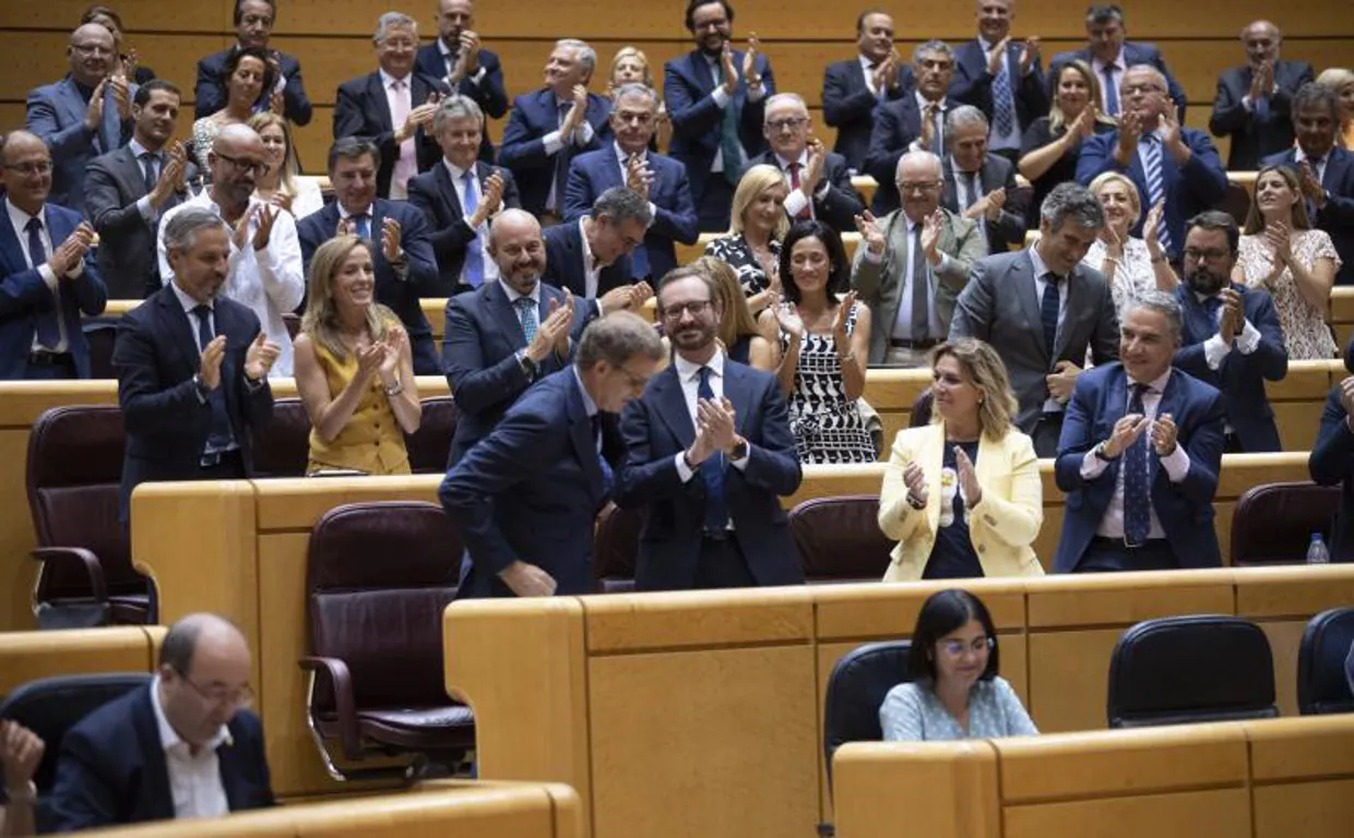 Los senadores populares aplauden a Alberto Núñez Feijóo en el Senado