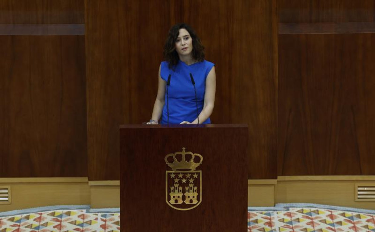 La presidenta de la Comunidad de Madrid, Isabel Díaz Ayuso, hoy en el debate del estado de la región