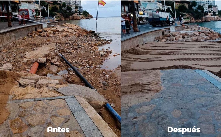 Playas irreconocibles en Benidorm tras las lluvias torrenciales y estampas nocturnas insólitas de turistas chapoteando