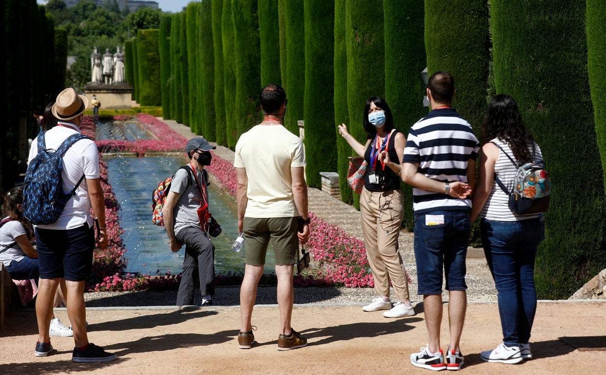 Turistas atienden a la explicación de una guía en el Alcázar