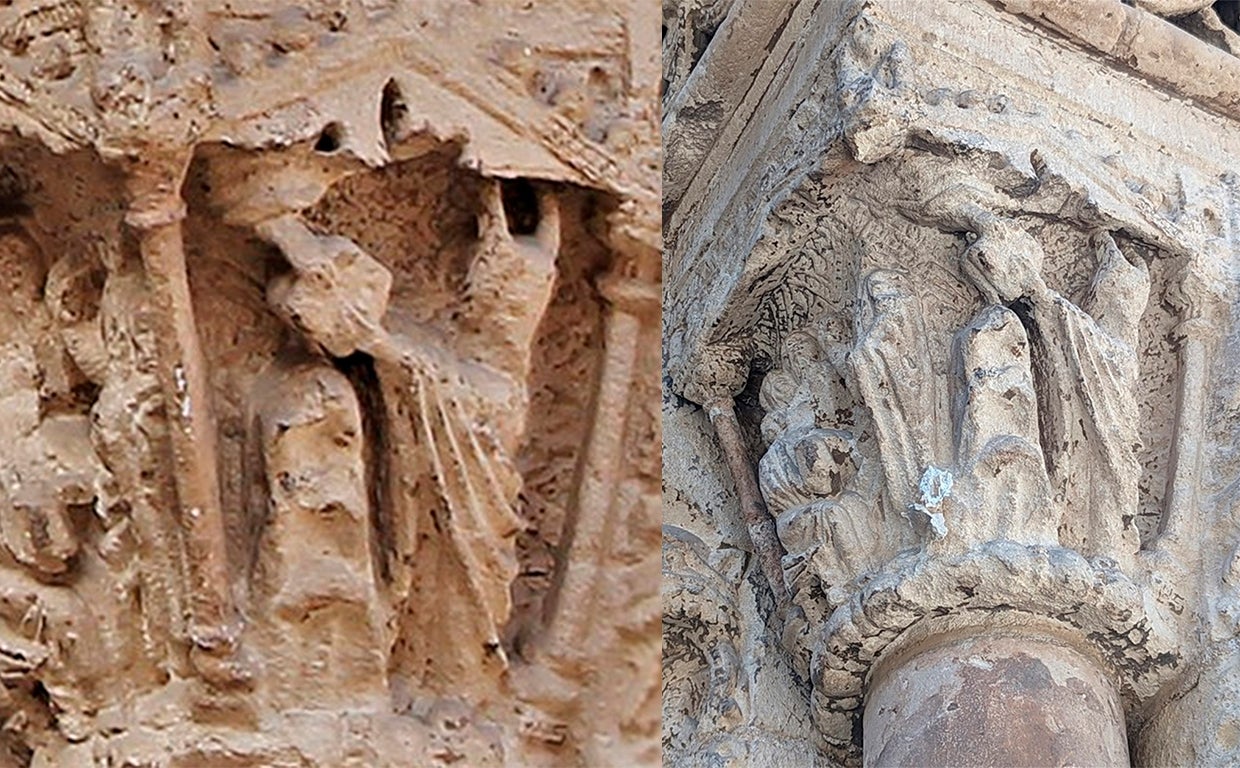 Imagen de la columna desaparecida (izquierda) y del estado actual (derecha) del capitel en la Catedral de Valencia