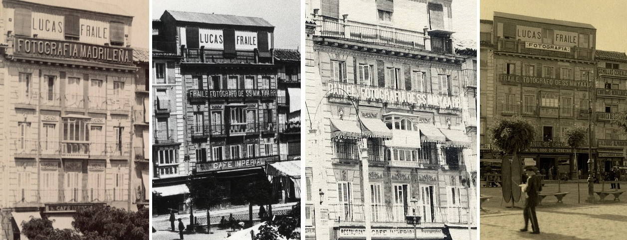 Cuatro vistas del edificio donde estuvo el estudio de Lucas Fraile en Zocoddover, 9. Imágenes de Garzón (1896), Rodriguez (ca. 1910), un autor sin identificar, (ca 1922) y Loty (1928). La tercera muestra el nombre de Daniel en los balcones