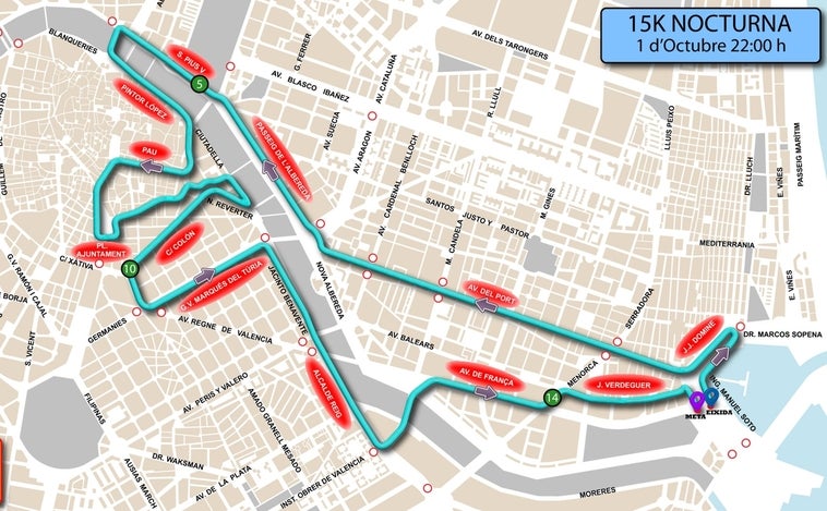 Recorrido 15K Nocturna Valencia 2022: horario y calles cortadas