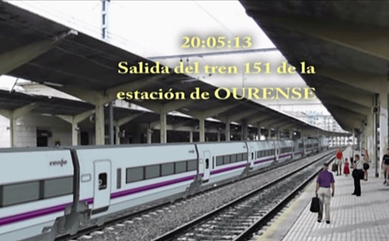 Imagen principal - El vídeo, elaborado por agentes de la Policía científica, reconstruyó con tecnología en 3D el accidente de tren de Santiago de Compostela. Desde su salida de la estación de Orense hasta descarrilar en la curva de Angrois.