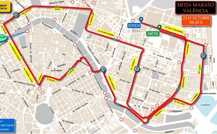 Cortes de tráfico y calles afectadas por el Medio Maratón de Valencia del domingo 23 de octubre