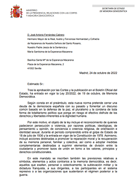 Imagen - La carta remitida por el Gobierno a la Hermandad de la Macarena