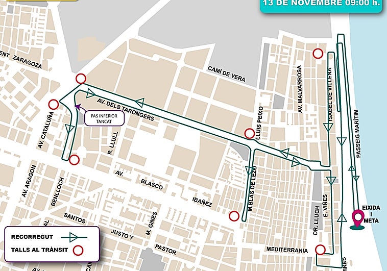 Calles cortadas y líneas de la EMT desviadas en Valencia el domingo 13 de noviembre por la carrera 'Abierta al mar'