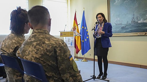 La ministra Margarita Robles, durante su intervención en el Ministerio de Defensa
