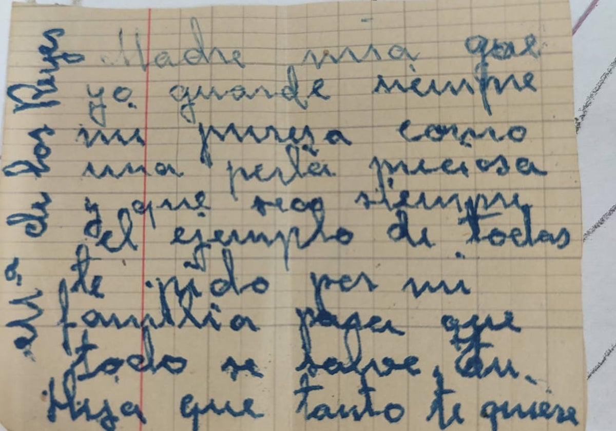 Oración escrita por María de los Reyes y encontrada en el palio de la Virgen de las Lágrimas
