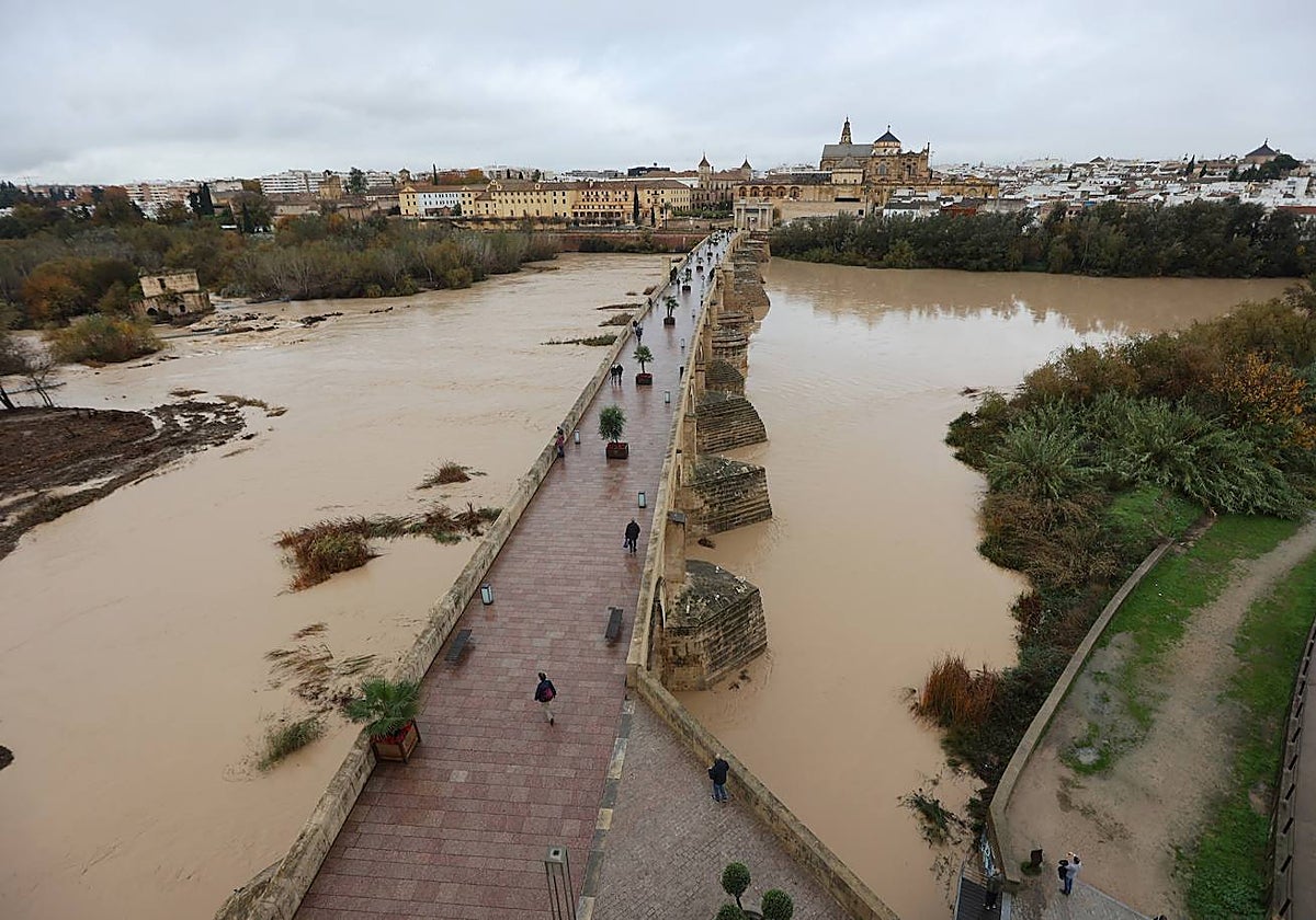 Panorámica del Puente Romano y la crecida del río Guadalquivir con la Mezquita al fondo