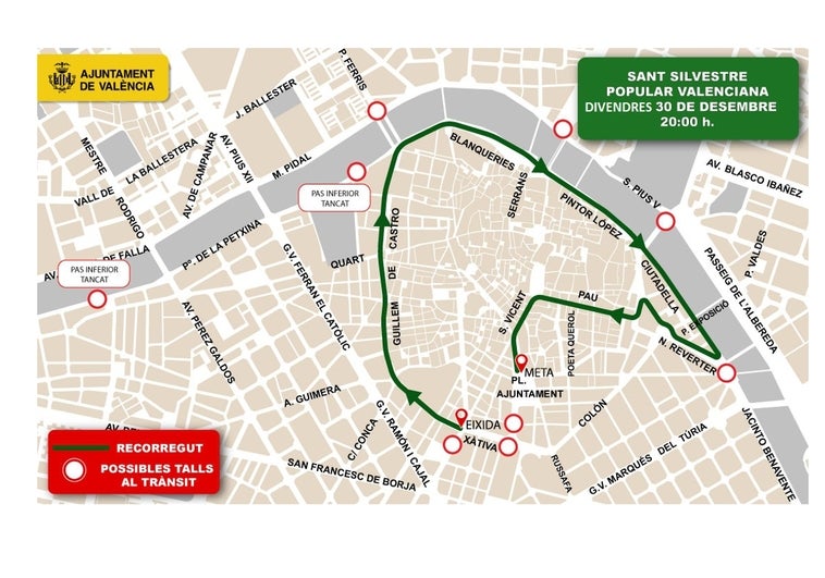 San Silvestre Valencia 2022: calles cortadas al tráfico en el centro de la ciudad el viernes 30 de diciembre