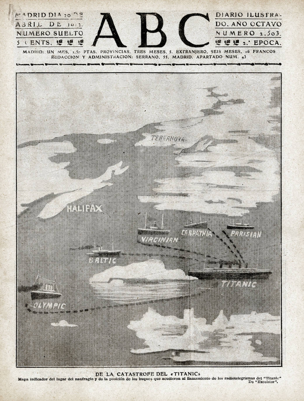 20 de abril de 1912. ABC recoge en portada la primera infografía publicada en España para explicar el naufragio del Titanic 