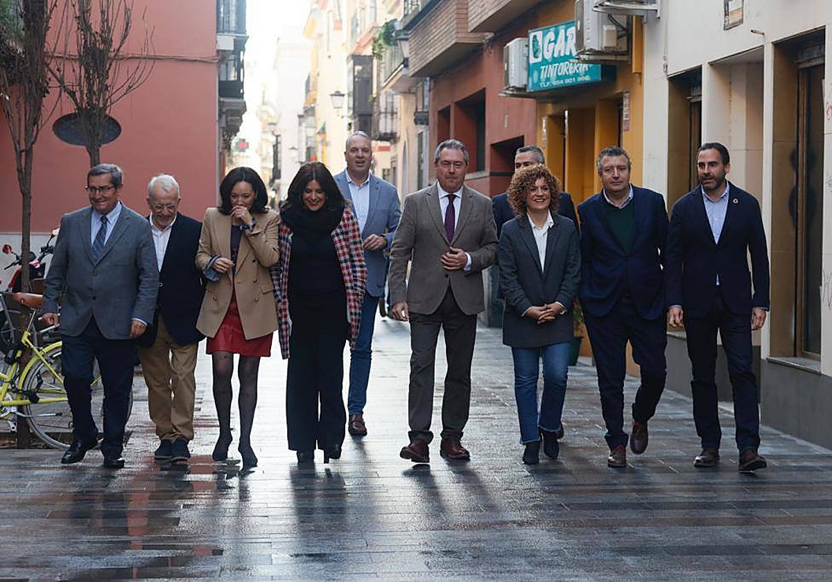 Juan Espadas junto a los secretarios generales de todas las provincias (salvo Jaén), el presidente del partido y la portavoz parlamentaria