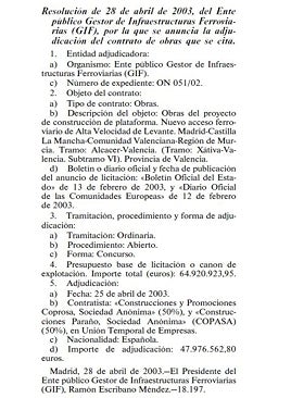Imagen - Adjudicación de 2003, siendo Cascos ministro de Fomento, a ambas constructoras