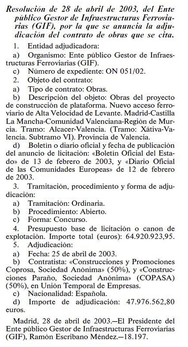 Imagen - Adjudicación de 2003, siendo Cascos ministro de Fomento, a ambas constructoras