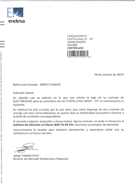 Imagen - Carta de Endesa en la que se cursa la baja de electricidad de la oficina por la que Cascos siguió cobrando el alquiler a Foro