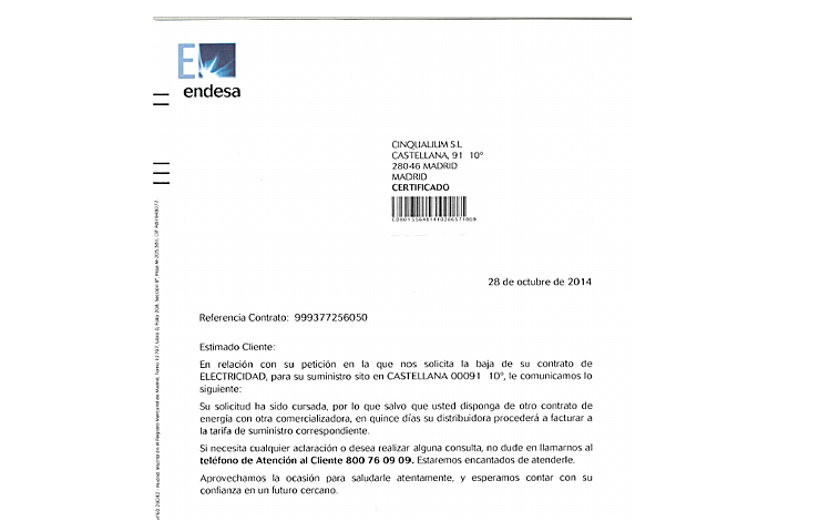 Imagen - Carta de Endesa en la que se cursa la baja de electricidad de la oficina por la que Cascos siguió cobrando el alquiler a Foro