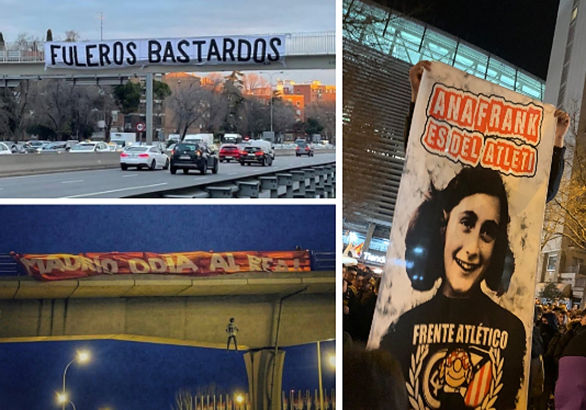 Pancartas de amenaza y otros objetos, como un muñeco ahorcado con la camiseta de Vinicius o una lona con la imagen de Ana Frank, en el último derbi
