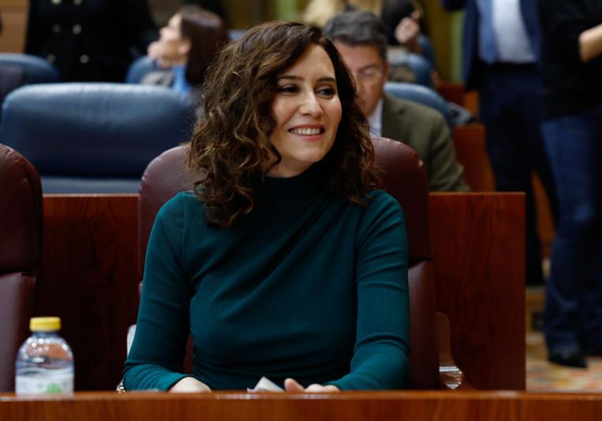 La presidenta de la Comuniad de Madrid, Isabel Díaz Ayuso, esta mañana en el pleno de la Asamblea