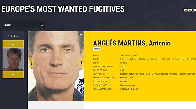 Imagen de la ficha de Antonio Anglés ya actualizada por Europol con el que podría ser su aspecto actual