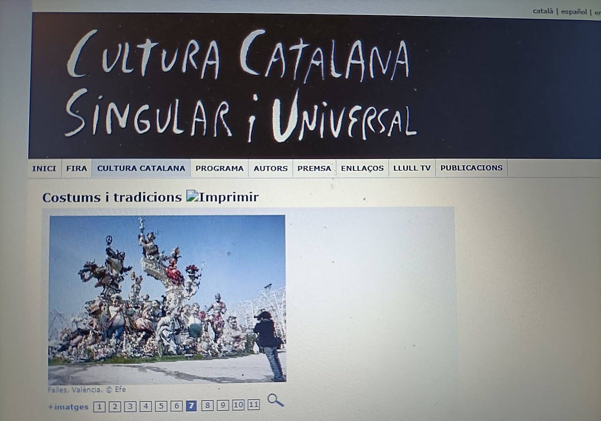 Imagen de la página web del Institut Ramón Llull en la que sostiene que las Fallas de Valencia forman parte de la «cultura catalana»