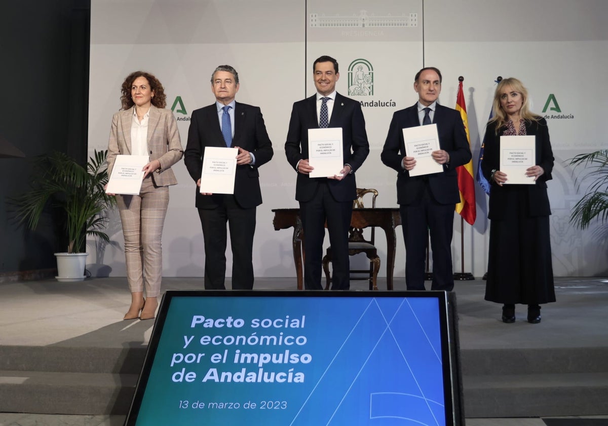 Juanma Moreno, presidente de la Junta, con el consejero Sanz y los líderes de CCOO, UGT y CEA