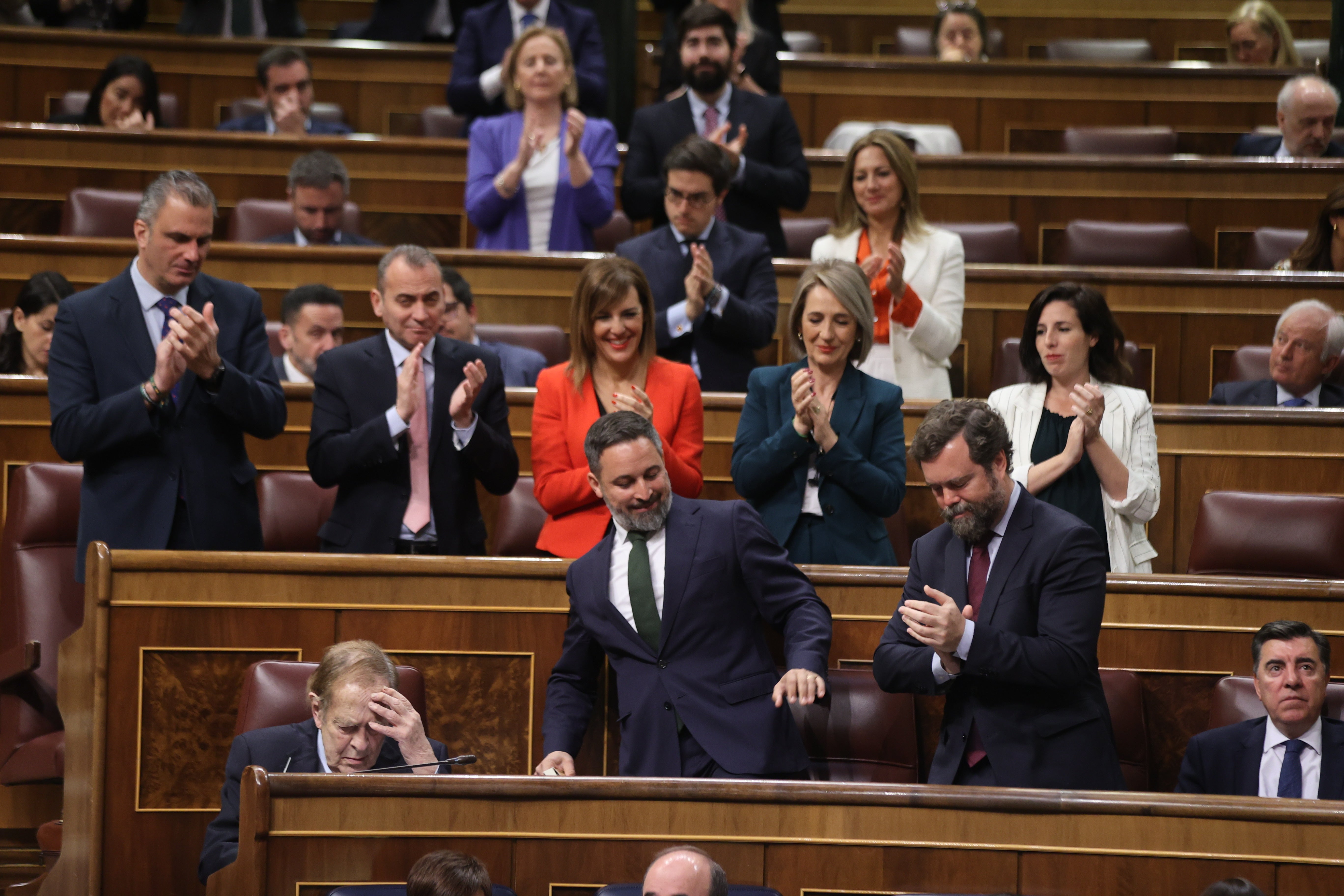 El grupo parlamentario de Vox aplaude a Santiago Abascal tras su intervención, mientras Ramón Tamames repsasa sus notas