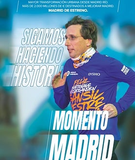 Imagen secundaria 2 - El actual alcalde de la capital, José Luis Martínez-Almeida, figura en sus imágenes de campaña en traje y de brazos cruzados, corriendo una de sus maratones o mirando a la icónica fuente del Retiro. 