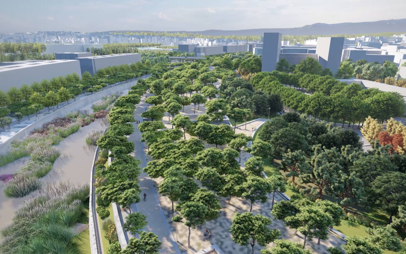Recreación del futuro parque lineal que culminará, en otoño de 2023, el faraónico proyecto de Madrid Río. 
